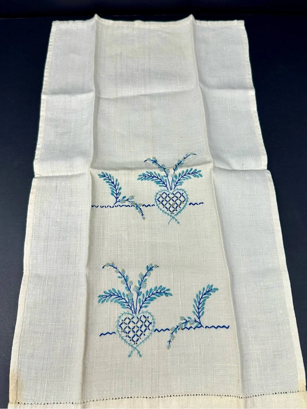Vintage Linen Beige Hand Blue Embroidered Napkins A4